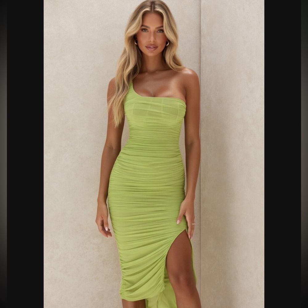 House of CB Lime Green Strapless Ruched Midi Dress - Picture 2 of 7